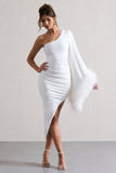 July White Asymmetric One Shoulder Cape Midi Dress With Feathers