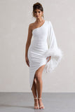 July White Asymmetric One Shoulder Cape Midi Dress With Feathers