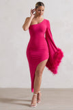 July Dark Pink Asymmetric One Shoulder Cape Midi Dress With Feathers