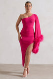 July Dark Pink Asymmetric One Shoulder Cape Midi Dress With Feathers