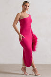 July Dark Pink Asymmetric One Shoulder Cape Midi Dress With Feathers