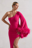 July Dark Pink Asymmetric One Shoulder Cape Midi Dress With Feathers