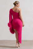 July Dark Pink Asymmetric One Shoulder Cape Midi Dress With Feathers