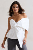 Mayfair White Asymmetric Bardot Top With Peplum Hem
