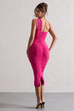 Bellini Dark Pink Asymmetric Ruched Midi Dress