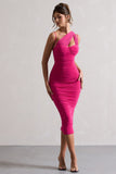 Bellini Dark Pink Asymmetric Ruched Midi Dress