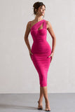 Bellini Dark Pink Asymmetric Ruched Midi Dress