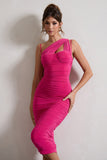 Bellini Dark Pink Asymmetric Ruched Midi Dress