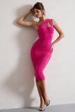 Bellini Dark Pink Asymmetric Ruched Midi Dress