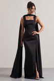 Intuition Black Satin Square-Neck Split Maxi Dress With Scarf