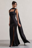 Intuition Black Satin Square-Neck Split Maxi Dress With Scarf