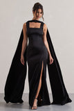 Intuition Black Satin Square-Neck Split Maxi Dress With Scarf