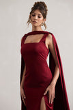 Intuition Burgundy Satin Square-Neck Split Maxi Dress With Scarf