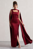Intuition Burgundy Satin Square-Neck Split Maxi Dress With Scarf