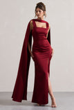 Intuition Burgundy Satin Square-Neck Split Maxi Dress With Scarf