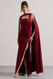 Intuition Burgundy Satin Square-Neck Split Maxi Dress With Scarf