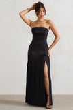 Confidence Black Satin Bandeau Pleated Split Maxi Dress