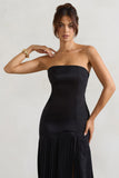 Confidence Black Satin Bandeau Pleated Split Maxi Dress