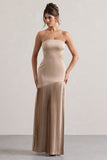 Confidence Champagne Satin Bandeau Pleated Split Maxi Dress