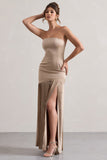 Confidence Champagne Satin Bandeau Pleated Split Maxi Dress
