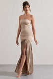 Confidence Champagne Satin Bandeau Pleated Split Maxi Dress