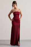 Confidence Burgundy Satin Bandeau Pleated Split Maxi Dress