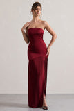 Confidence Burgundy Satin Bandeau Pleated Split Maxi Dress