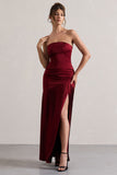 Confidence Burgundy Satin Bandeau Pleated Split Maxi Dress