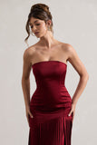 Confidence Burgundy Satin Bandeau Pleated Split Maxi Dress