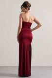 Confidence Burgundy Satin Bandeau Pleated Split Maxi Dress