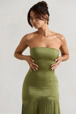Confidence Olive Satin Bandeau Pleated Split Maxi Dress