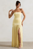 Confidence Lemon Satin Bandeau Pleated Split Maxi Dress