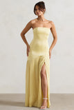 Confidence Lemon Satin Bandeau Pleated Split Maxi Dress