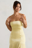 Confidence Lemon Satin Bandeau Pleated Split Maxi Dress