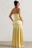 Confidence Lemon Satin Bandeau Pleated Split Maxi Dress