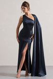 Gala Navy Satin One-Shoulder Cape Sleeve Split Maxi Dress