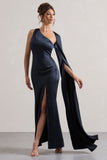 Gala Navy Satin One-Shoulder Cape Sleeve Split Maxi Dress