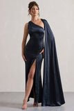 Gala Navy Satin One-Shoulder Cape Sleeve Split Maxi Dress
