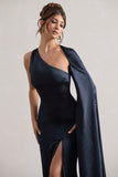 Gala Navy Satin One-Shoulder Cape Sleeve Split Maxi Dress