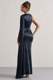 Gala Navy Satin One-Shoulder Cape Sleeve Split Maxi Dress