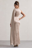 Gala Taupe Satin One-Shoulder Cape Sleeve Split Maxi Dress