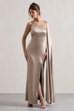 Gala Taupe Satin One-Shoulder Cape Sleeve Split Maxi Dress