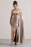 Gala Taupe Satin One-Shoulder Cape Sleeve Split Maxi Dress