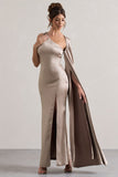 Gala Taupe Satin One-Shoulder Cape Sleeve Split Maxi Dress