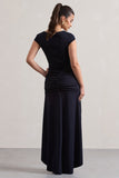 Parisa Navy Ruched Short-Sleeve High-Low Maxi Dress