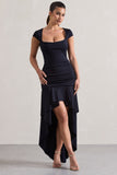 Parisa Navy Ruched Short-Sleeve High-Low Maxi Dress