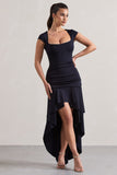 Parisa Navy Ruched Short-Sleeve High-Low Maxi Dress