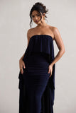 Upon A Time Navy Ruched Bandeau Midi Dress With Cape