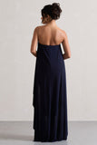Upon A Time Navy Ruched Bandeau Midi Dress With Cape