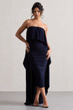 Upon A Time Navy Ruched Bandeau Midi Dress With Cape
